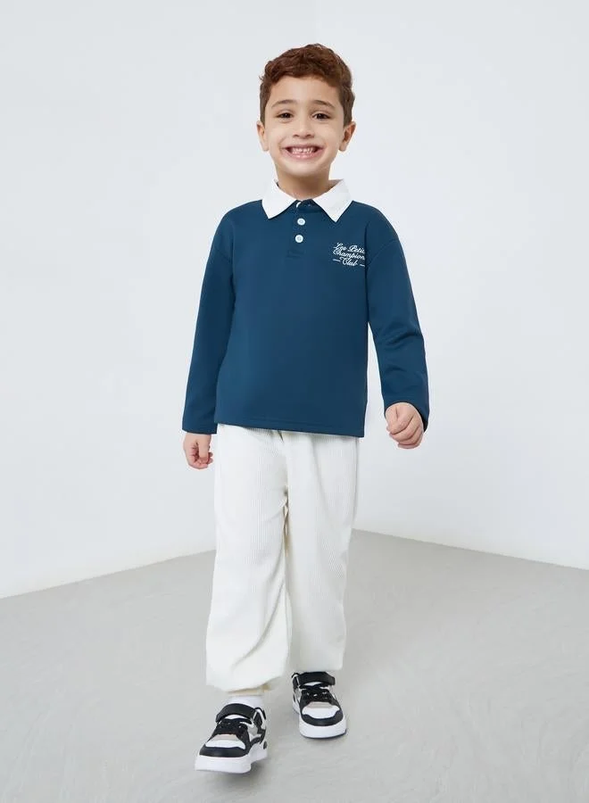 Styli Slogan Print Long Sleeve Polo T-Shirt